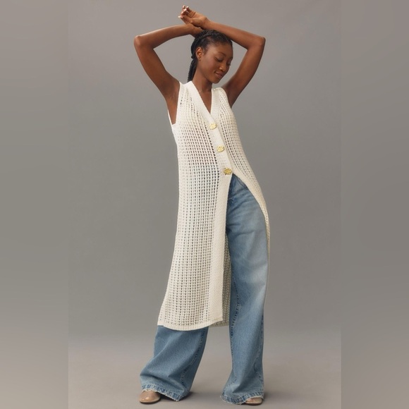 NWT Anthropologie x Flat White Long Line Open-Knit Cardigan Sweater Vest Boho - Picture 1 of 14